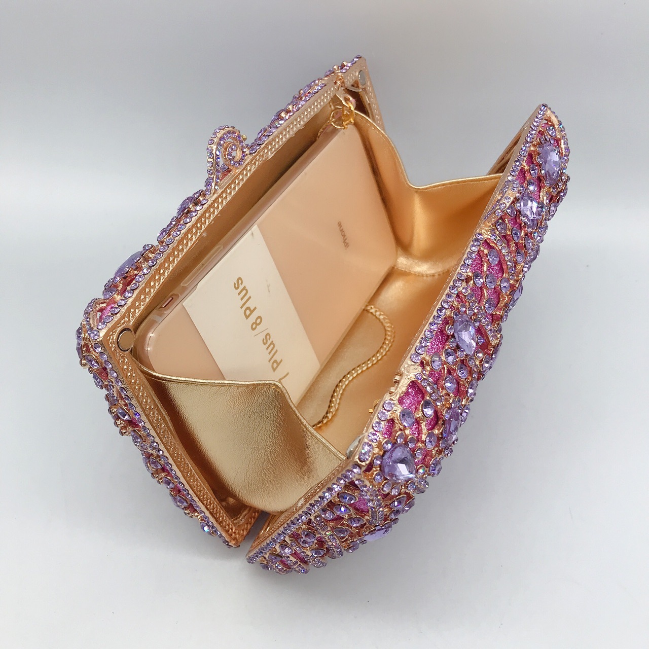 Túi clutch nữ đính kim cương phong cách châu Âu, dây chuyền vuông sang trọng — Hoa violet chi tiết 7