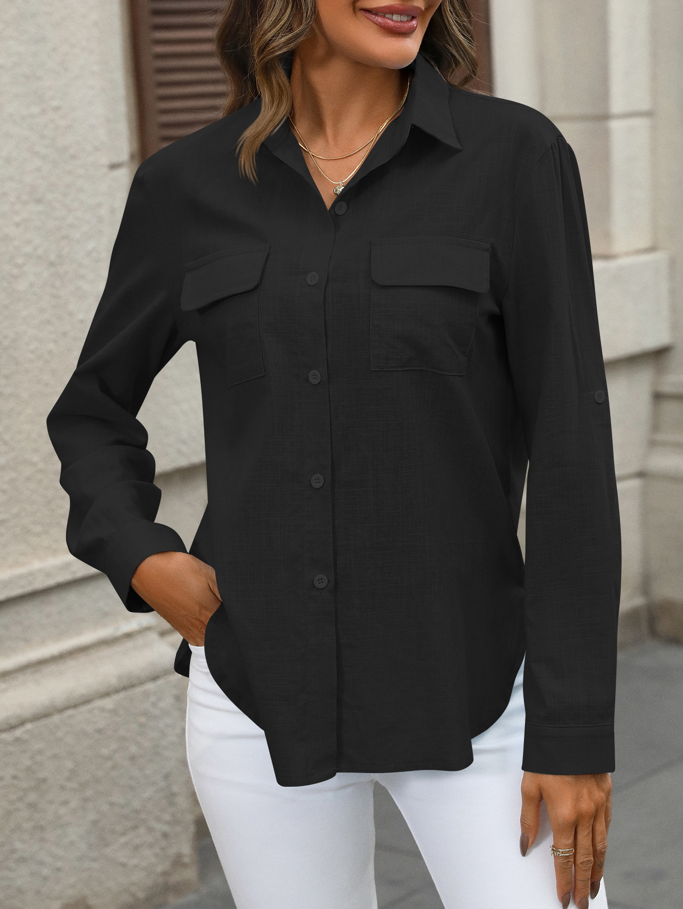 227g Weight Long Sleeve Sleeve Length Single Breasted Placket Type Regular Sleeve Sleeve Type Cotton Fabric Type Regular Top Length Blouse Tops Type Holiday Occasion Shirt Collar Neckline Comfort Function Loose Fit Type Solid Color Pattern Summer Season Women's Gender Vacation, Simple Style Style Wholesale Women's Vacation Simple Style Solid Color Long Sleeve Blouses 6