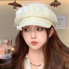 韩版秋季帽子女款花朵时尚高级感小香风贝雷帽大头围显脸小八角帽