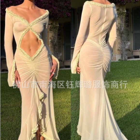 2023 New French High-End Elegant and Age-Reducing Goddess Style Slim and Sexy Navel-Baring Floor-Length Dress,