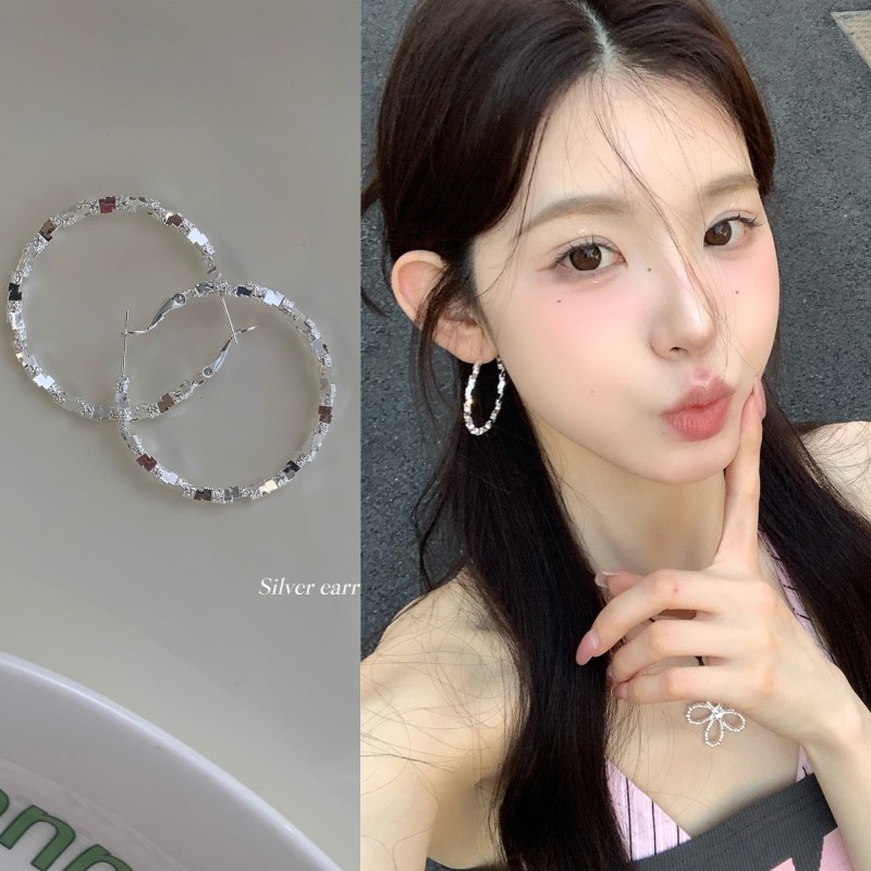 超闪碎银子圆圈耳环女轻奢小众高级感气质耳钉大耳圈耳饰素圈耳扣|undefined