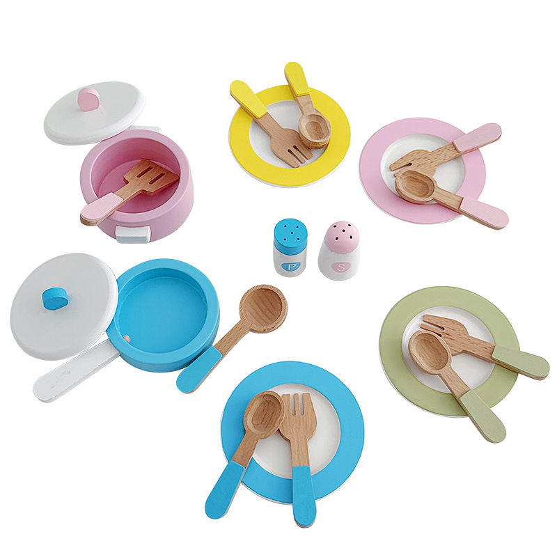 Juego de vajilla de estilo nórdico, juguetes de madera para niños, vajillas de colores, cucharas de sopa de madera, juguetes de cocina para el hogar