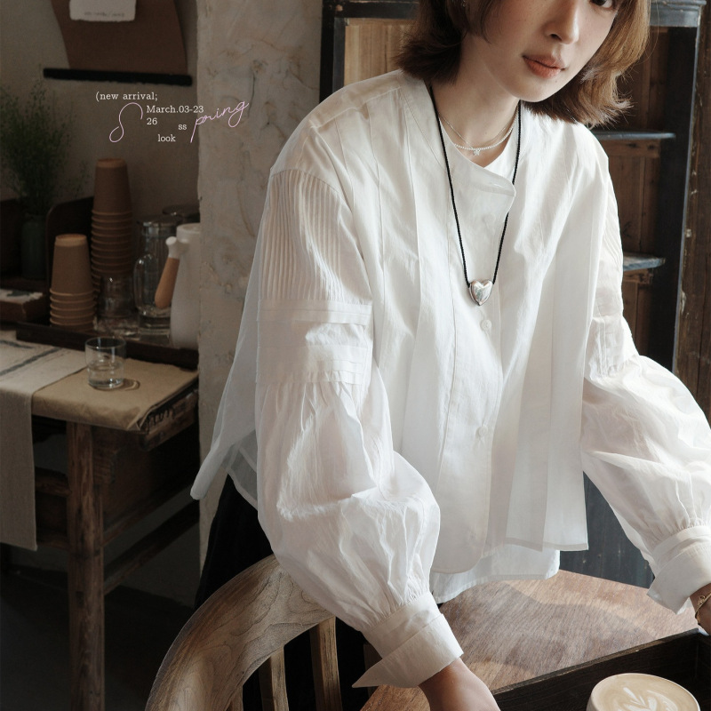 White Soft Light Sheer Fabric "26Ss Early Spring New Product 100-Count Cotton French Puff Sleeve White Shirt