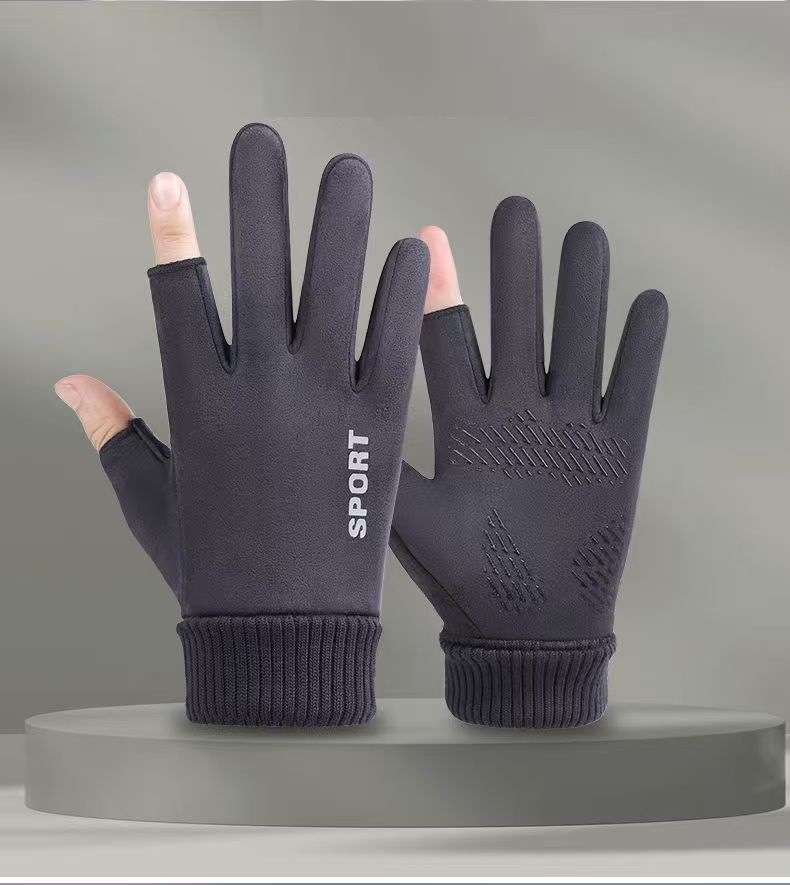 Guantes de gamuza para hombres y mujeres Otoño e Invierno pesca expuestos dos dedos medio dedo forrado de vellón cálido ciclismo guantes de motocicleta