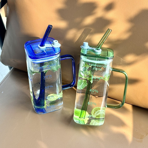 Square glass cup, high-end aesthetic water cup for women, household with handle straw cup, transparent beer, beverage, milk tea, new style cup