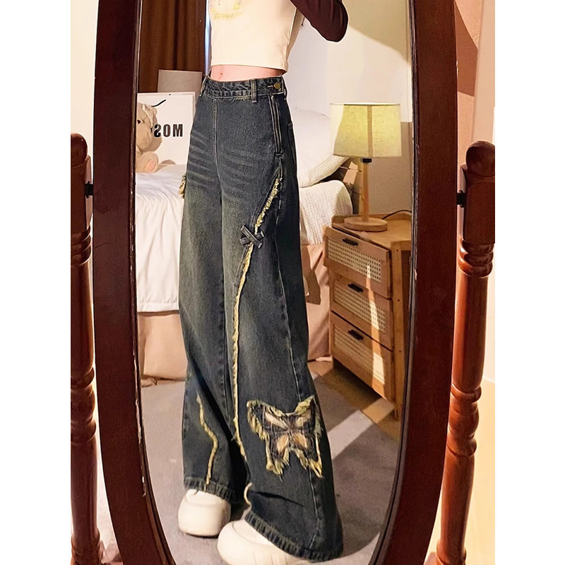 American Retro Side Zipper Butterfly Embroidered Wide-Leg Jeans for Women Plus Size Fat mm Loose Slimming Look Straight Pants