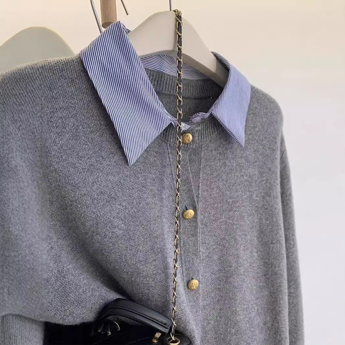 Grey polo neck cardigan women's winter autumn thick knitting jacket for petite women