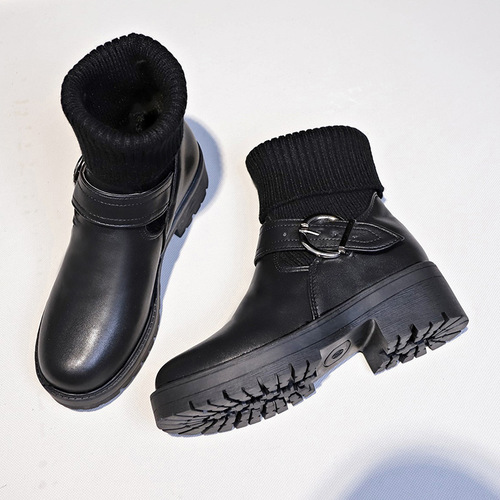 New Autumn and Winter Martin Boots with Thick Sole, Chunky Heel, Knitted Mouth, Elastic Short Boots, High Heels, Two-Wear Chelsea Boots for Women