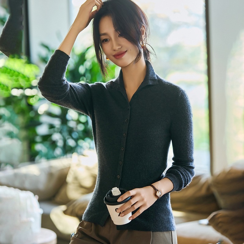 2025年早秋新款真丝羊绒半高领针织开衫长袖女纯色修身显瘦上衣|undefined