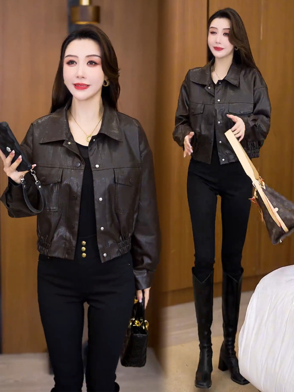 时尚复古短款皮衣外套女2025秋季新款洋气百搭皮夹克显瘦休闲上衣|undefined