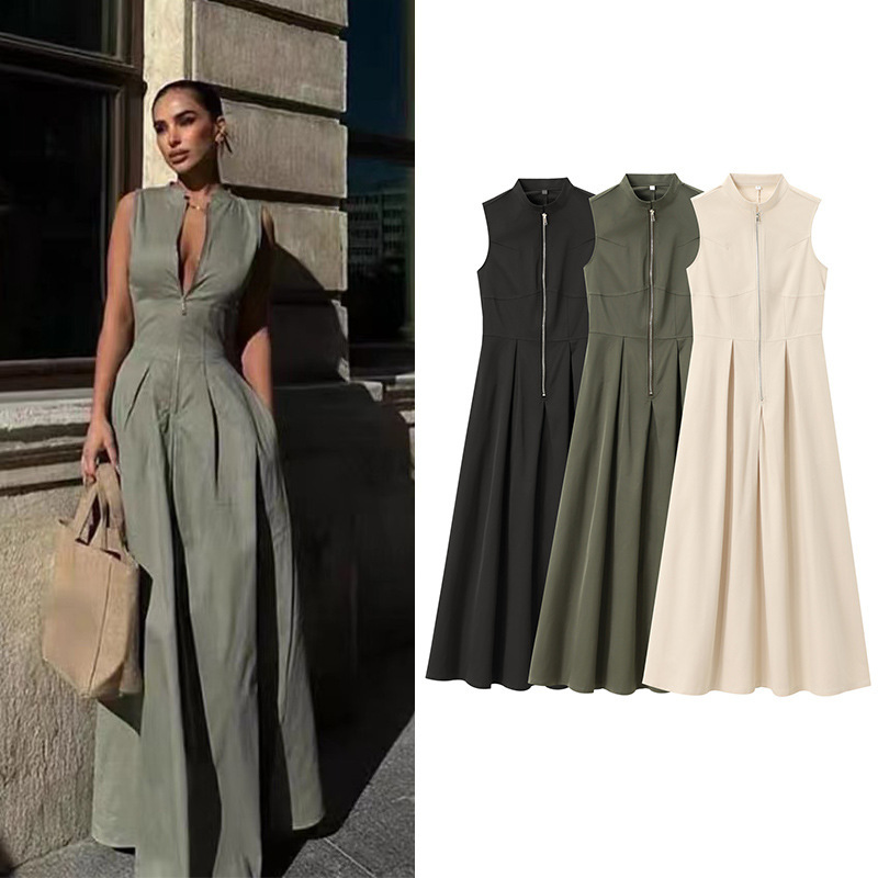 2025 spring new women's European and American style French design round neck sleeveless waist commuter temperament Midi dress