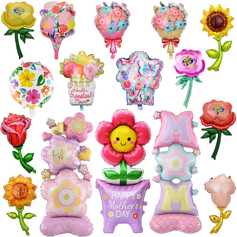 Globos de aluminio para el Día de la Madre en forma de ramo de flores, cara sonriente o maceta, producto transfronterizo