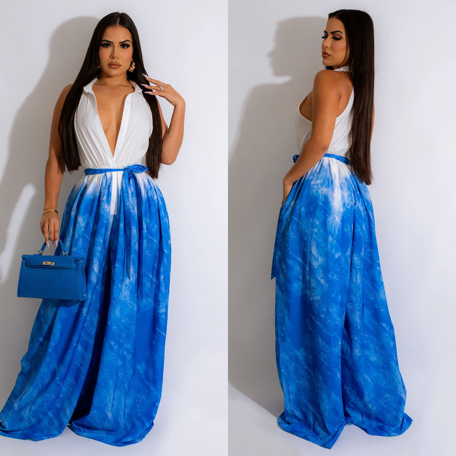 Moda de mujer C6351 Aliexpress transfronterizo Amazon impresión europea y americana sin mangas corbata en V pantalones de piernas anchas