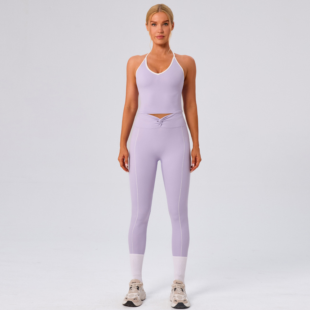 Cross-border running chaleco deportivo mujer correa de hombro yoga bra set torced línea de contraste pantalones de piernas