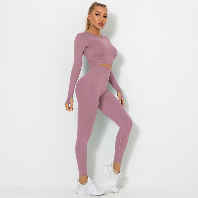 Long Sleeve round neck high waist hip-lifting high-elastic solid color top and Pants yoga Set-Multicolor NSNS131990