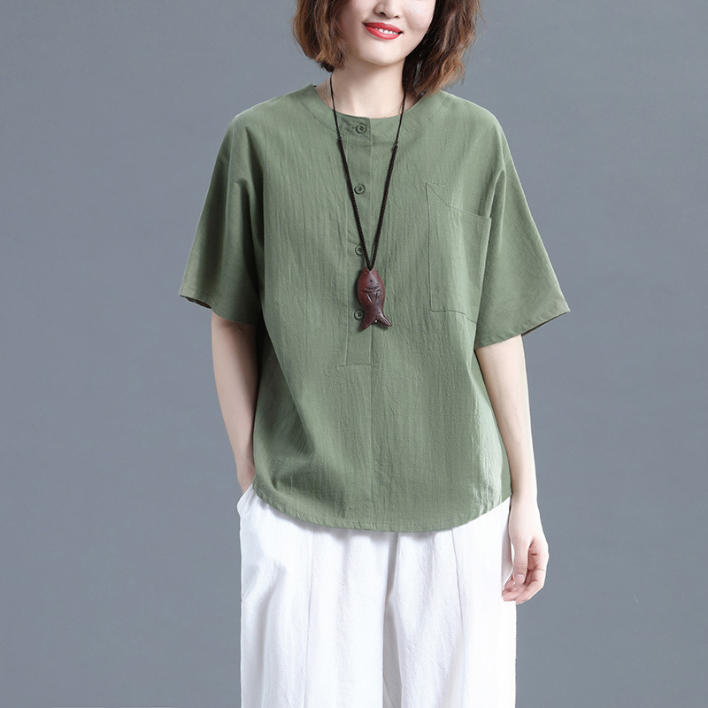 Cotton and Linen Women's Short-Sleeved Summer Artistic Plus-Size Loose Slimming Solid Color Casual Versatile Pure Cotton Shirt Top for Women