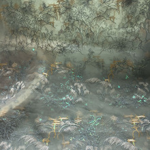 国风欧根纱亮片山水画绣花楼阁汉服旗袍面料服装连衣裙刺绣网纱布