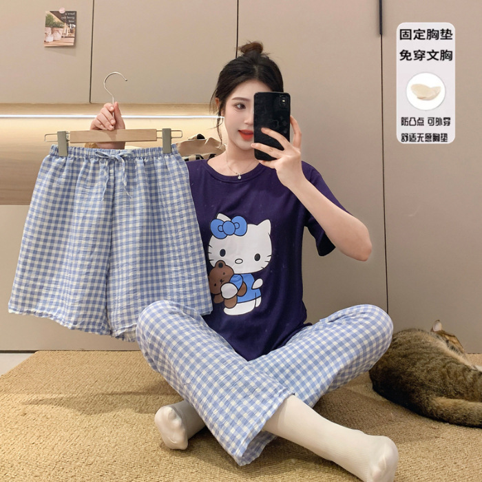 Pijamas de algodón modal para niñas dopamina, pantalones de manga corta de verano para mujer, lindo traje de tres piezas con almohadilla para el pecho, servicio a domicilio