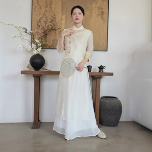 Ao Dai's Improved Cheongsam Pants suit dress New Chinese Tea Clothing Women's Zen Art Chinese Style Tea Clothing