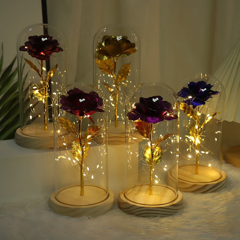 生日520金箔花仿真玫瑰永生花玻璃燈罩情人節母親節禮物520小夜燈
