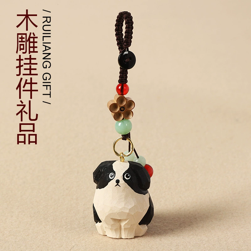 Handmade Wood Carving Keychain Pendant, Cute Dog & Fortune Designs, Birthday Gift, 10 g