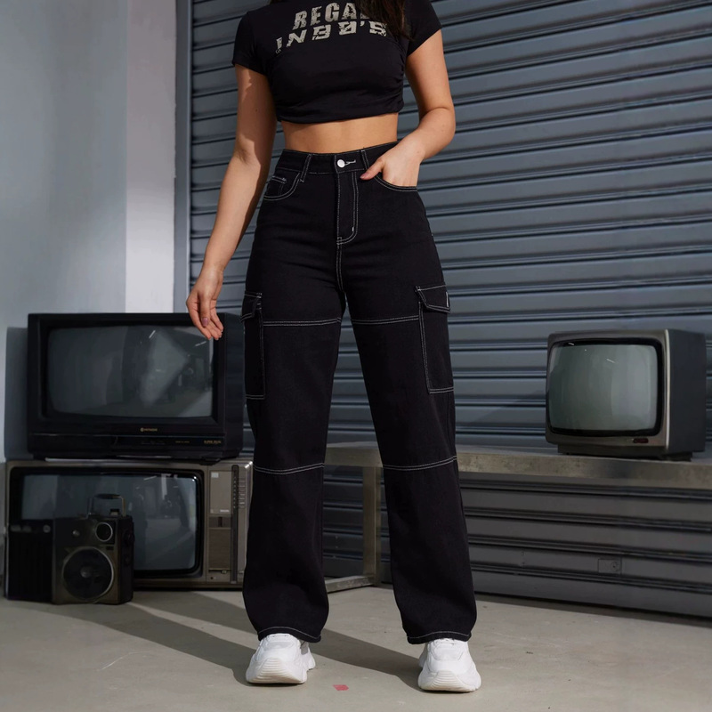 European and American Style Shein Aliexpress New Cross-Border Black Straight-Leg Workwear Jeans with Side Waist Pockets for Women, Stylish European and American Style Shein Aliexpress New Cross-Border Black Straight-Leg Workwear Jeans with Side Waist Pockets for Women, Stylish