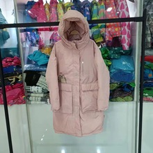 外贸原单秋冬新款 儿童中大女羽丝绒中长款粉色防风雨风衣 童棉服