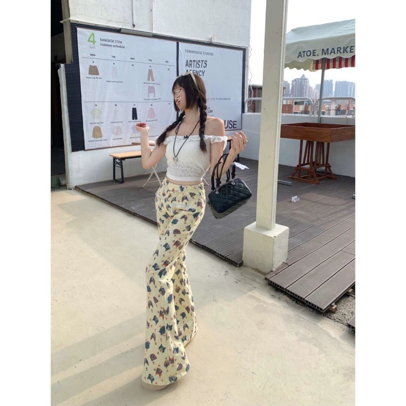 2024-май новый стиль американский ручная роспись повседневные брюки женские весна и лето новые высокие талии прямые микро-расклешенные брюки
