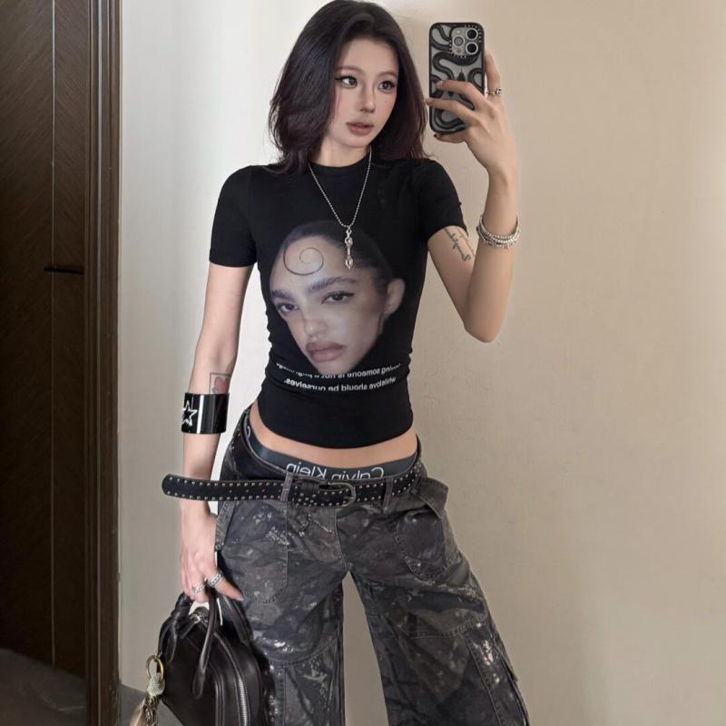 Jiangyu' Rebellious Gene Black High-End Short-Sleeve Portrait Print T-Shirt for Women American Style Slim-Fit Short Top