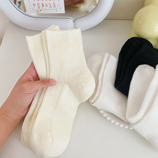 White Mid-Calf Socks for Women with Vertical Stripes, Korean Style Versatile Solid Color Jk Japanese Cute College Style Trendy Durable