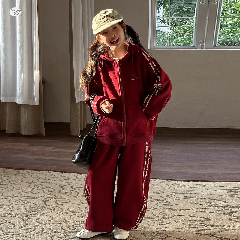 女童2025秋冬加绒加厚卫衣套装中大童休闲保暖连帽外套卫裤阔腿裤|undefined