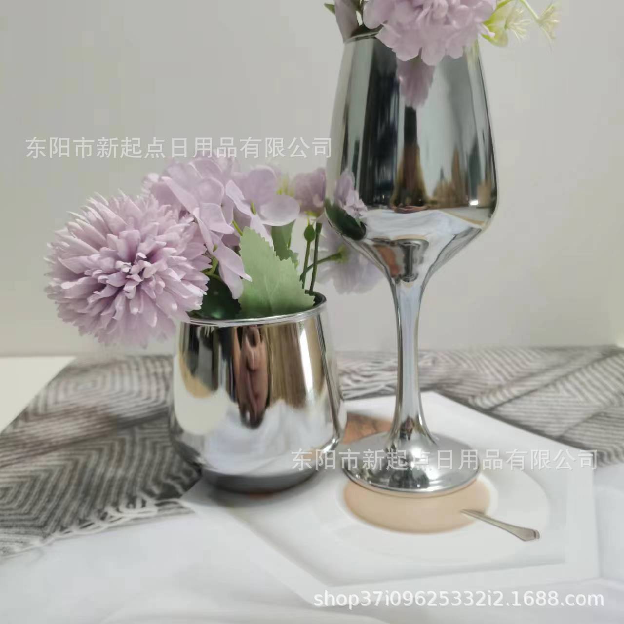 创意ins风电镀银色黑色客厅仿真花摆件装饰高脚杯透明玻璃 红酒杯