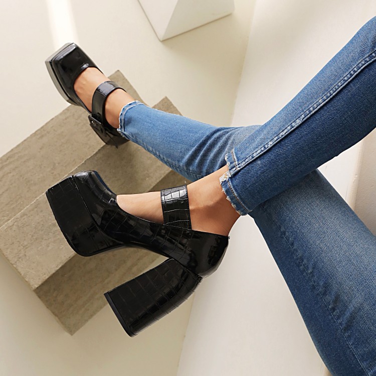 Square head thick with waterproof platform buckle high heels large size women's shoes stone pattern_voghion.com
