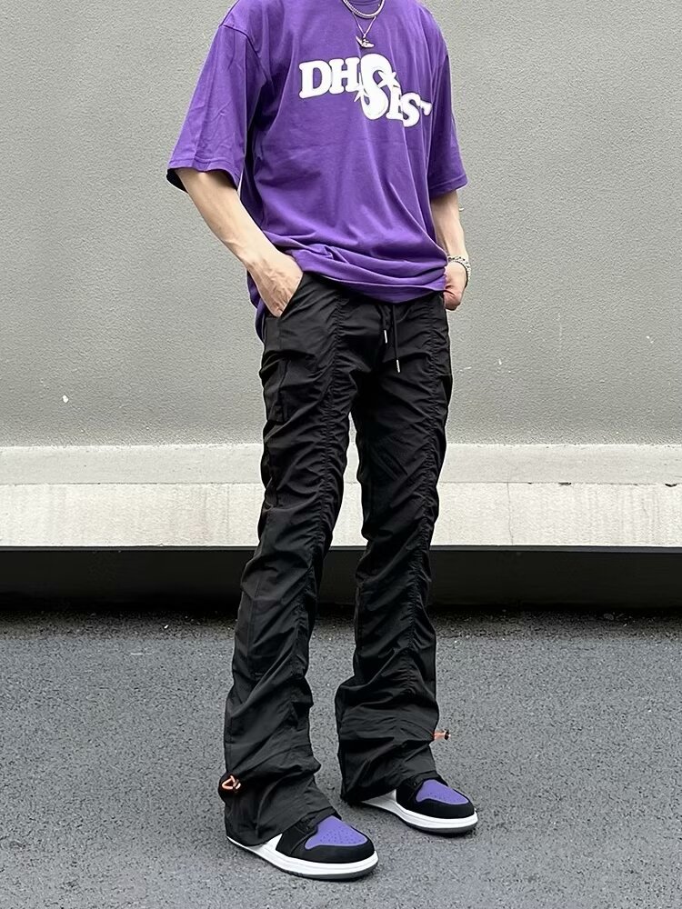 Men's Pleated Cargo Pants With Drawstring Waist And Stacked Hem_voghion.com