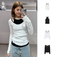 【清仓不退换】时髦叠穿黑白经典撞色U型大领口长袖T恤打底+背心