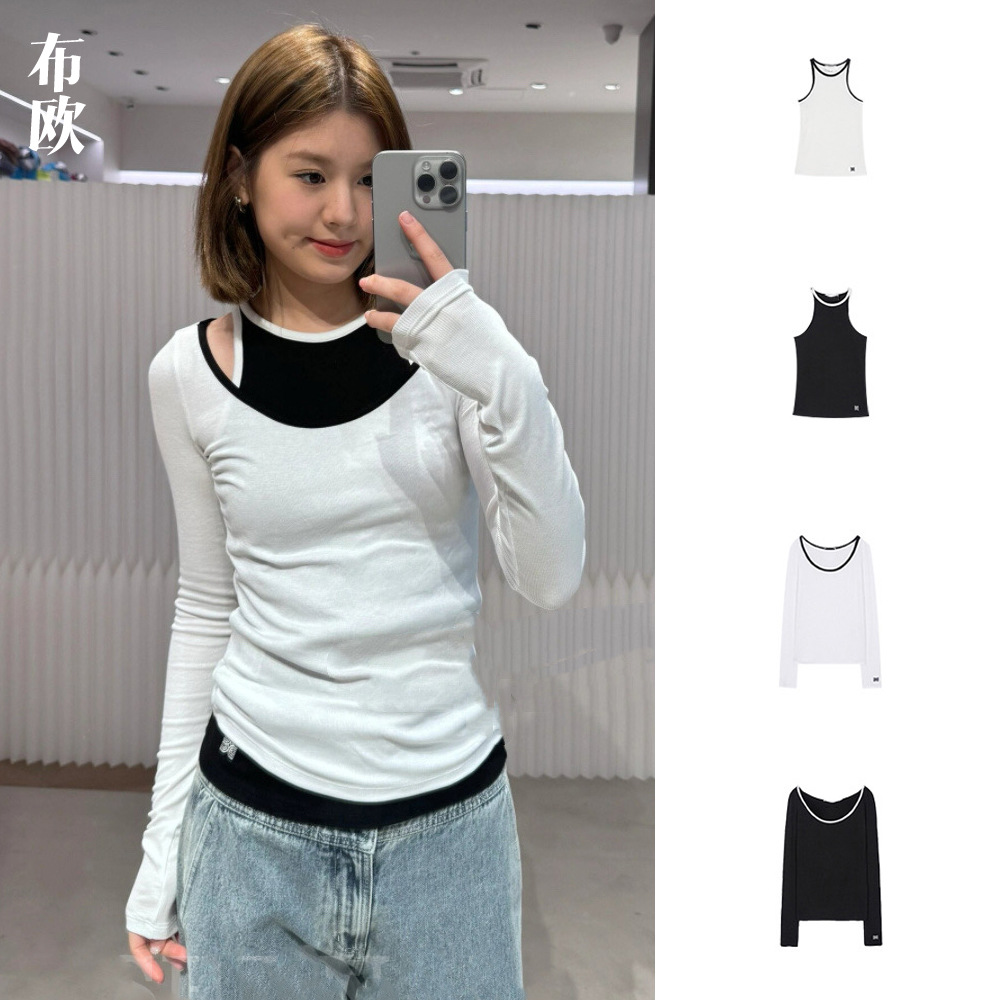 【清仓不退换】时髦叠穿黑白经典撞色U型大领口长袖T恤打底+背心