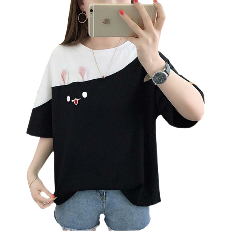 2023 verano nuevo conejo bordado estilo coreano color coincidencia camiseta estudiante superior suelta manga corta ropa de mujer tienda de una sola pieza