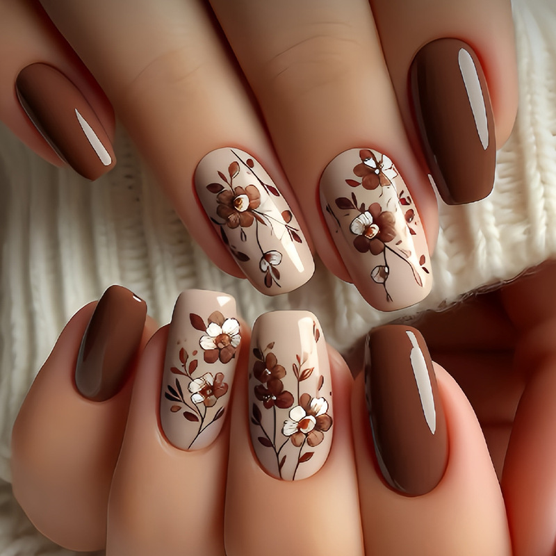 Cross-Border Brown Series Nail Art, Autumn and Winter Brown Press-On Nails, Skin-Brightening Coffee-Colored Floral High-End Nail Art, Fake Nails Cross-Border Brown Series Nail Art, Autumn and Winter Brown Press-On Nails, Skin-Brightening Coffee-Colored Floral High-End Nail Art, Fake Nails