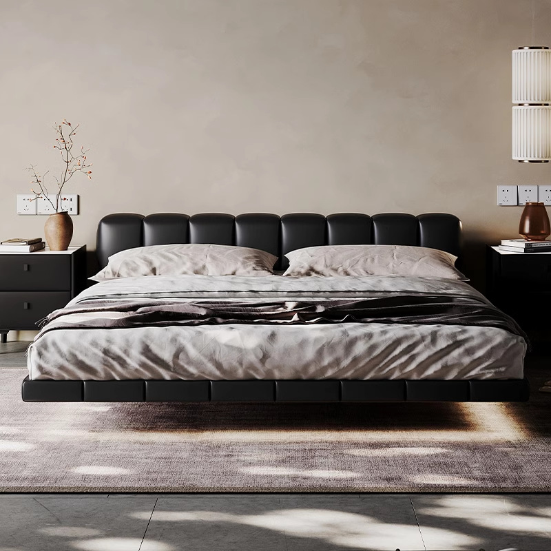 Bloqueo de tofu cama de suspensión minimalista italiana cama de cuero cama doble de piel de vaca cama principal cama de matrimonio cama de cuero negro