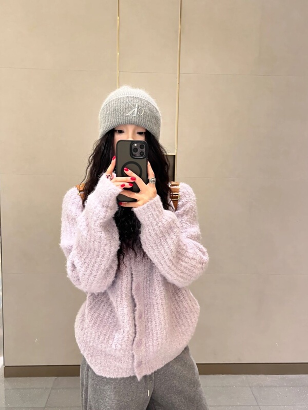 毛衣开衫外套女秋冬紫色高领软糯时尚感韩系内搭可外穿慵懒风针织|undefined