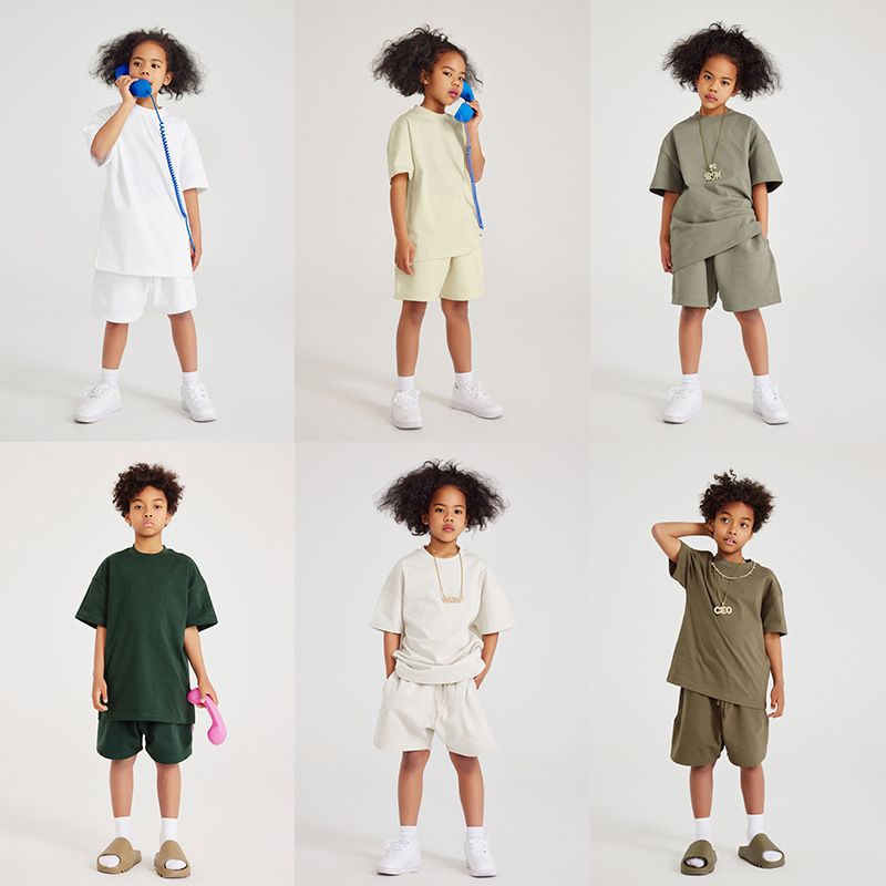 Calle seca niebla tierra color niños y niñas ropa para niños de manga corta para niños grandes y medianos 305G algodón pesado niños fuera del hombro camiseta