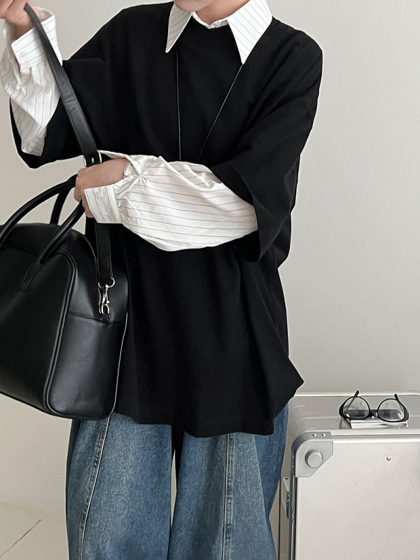 鹿西早秋打底衫~极简五分袖加绒磨毛T恤女廓形BF宽松短袖上衣2072|undefined