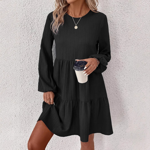 Cross-border AliExpress fast-selling black solid-color crew neck long-sleeved simple pleated autumn casual short dress