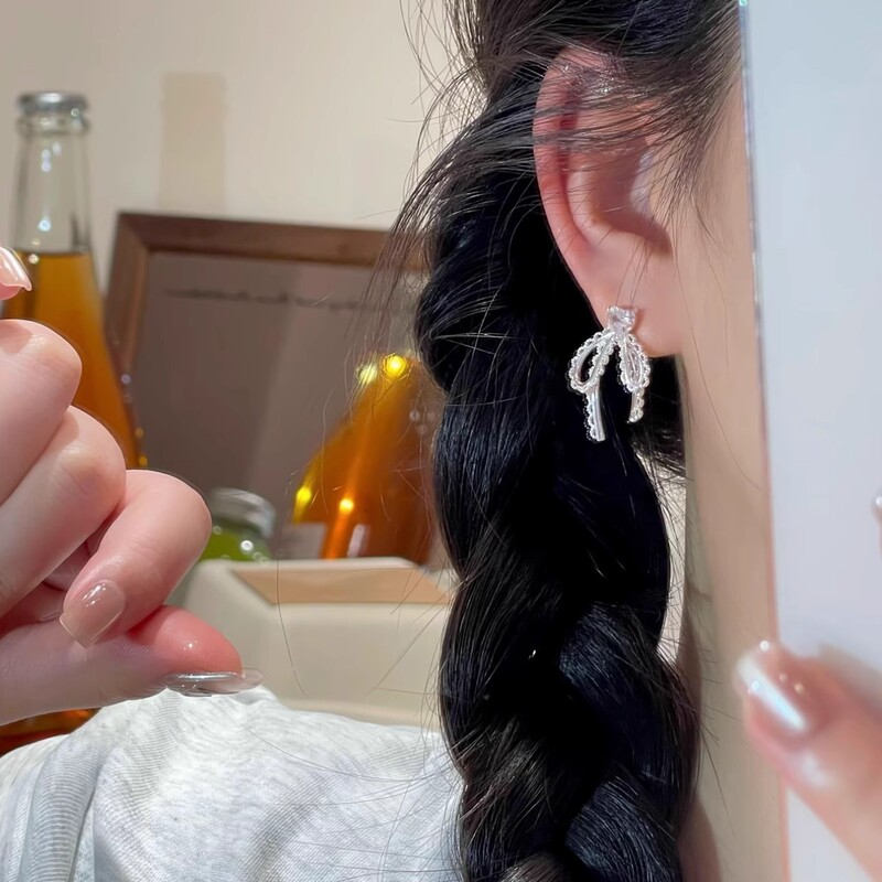 フレンチレースリボンイヤリング s925 シルバー針レディースニッチデザイン絶妙なハイエンドイヤリングリボンイヤリング|undefined