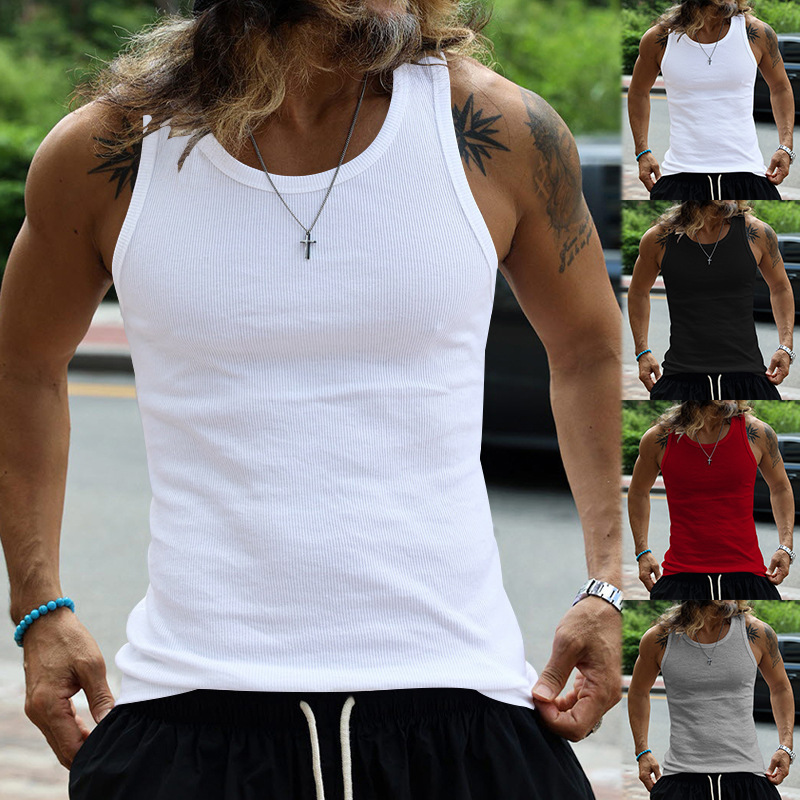 Men's Clothing Men's Slim Fit Ribbed Vest Style Casual Sports Base Layer Spring Summer For Formal & Casual Heavyweight Cotton_viptrois.com