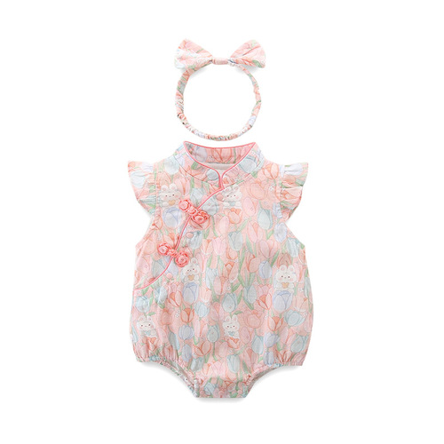 Children's 2024 Summer Newborn Baby Girl One-piece Romper Baby New Chinese Style Plate Button Triangle Bag Fart Clothes 3115