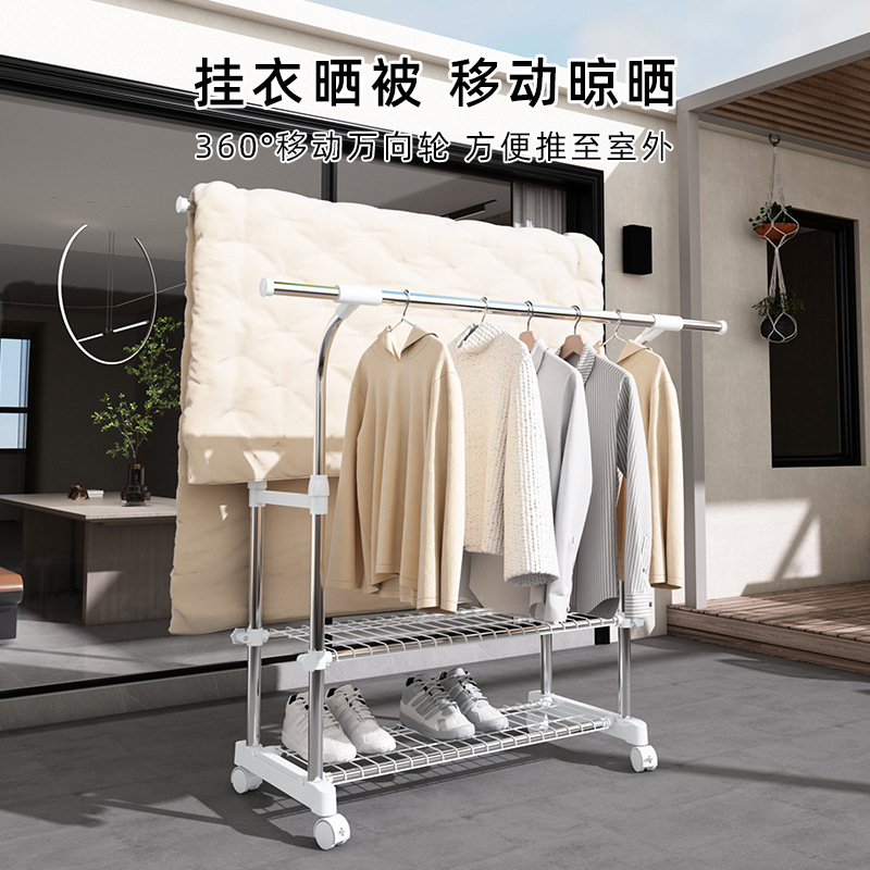 Clothes drying rack floor-standing household clothes drying rack double pole movable drying rack balcony telescopic stainless steel thick clothes drying pole