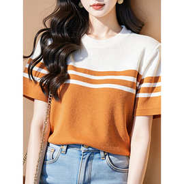 撞色橘色条纹针织衫T恤短袖女夏季新款小众休闲减龄百搭漂亮上衣