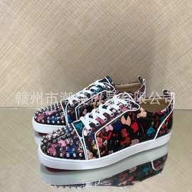 cl andgz男鞋黑色印花皮银钉低帮红底鞋女鞋光面真皮情侣休闲板鞋
