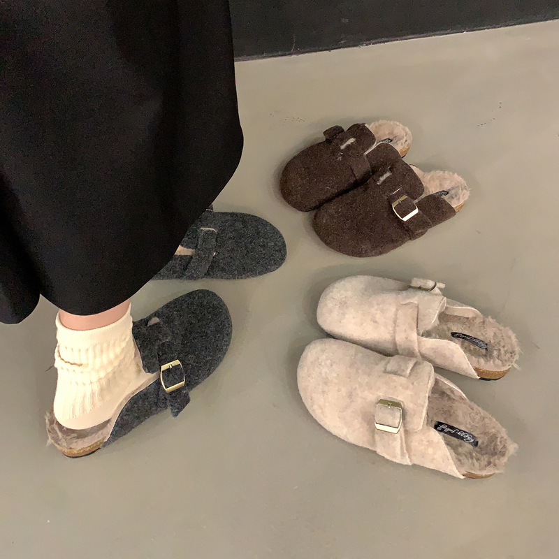厚底毛毛鞋加绒保暖棉鞋包头半拖外穿羊绒呢子平底勃肯鞋女冬单鞋|undefined